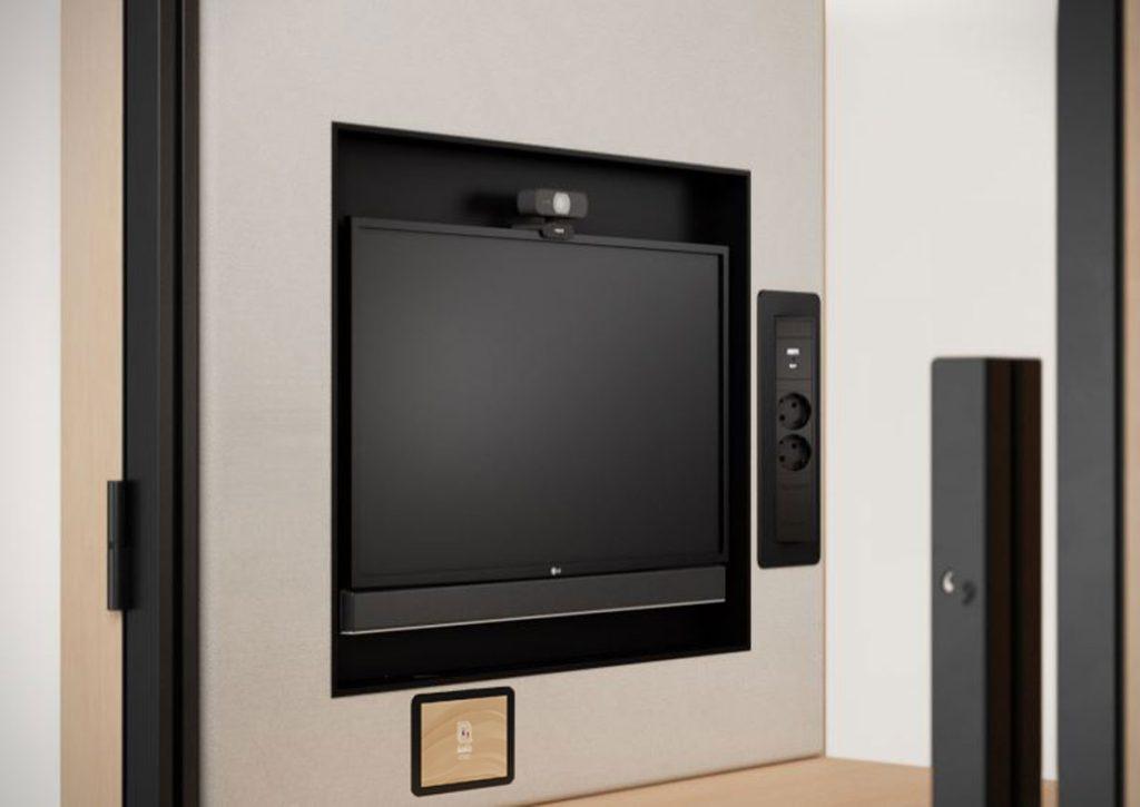Acoustic booth with integrated screen support for video conferencing and collaborative work – Blabla-Cube
