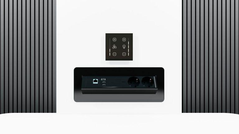 Acoustic booth with touch control panel for lighting and ventilation and integrated power, USB and RJ45 connectivity – Blabla-Cube