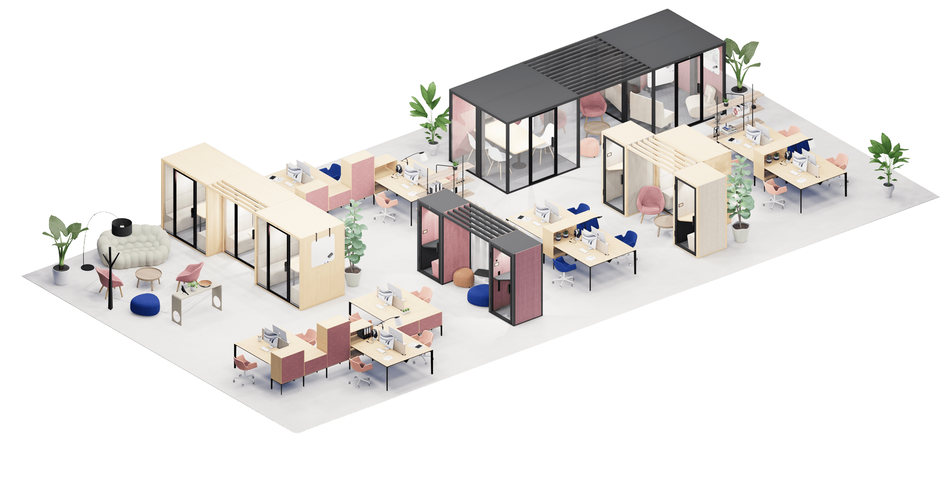 organisation open space avec cabines acoustiques et espaces collaboratifs