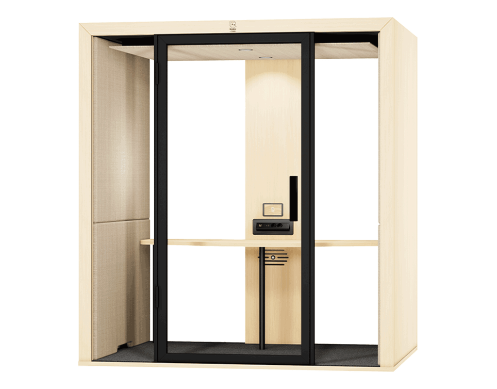 Cabine acoustique Collab pour travail à deux avec bureau et connectique intégrée en open space