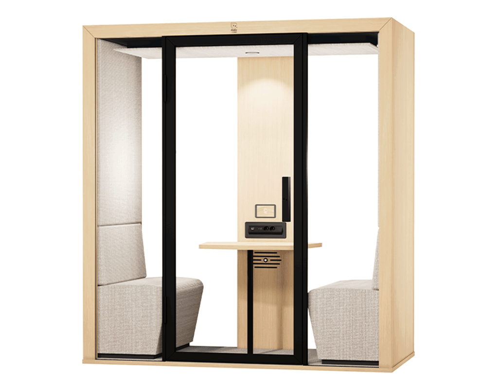 Cabine acoustique Duo pour 2 personnes avec banquettes et table pour réunions confidentielles