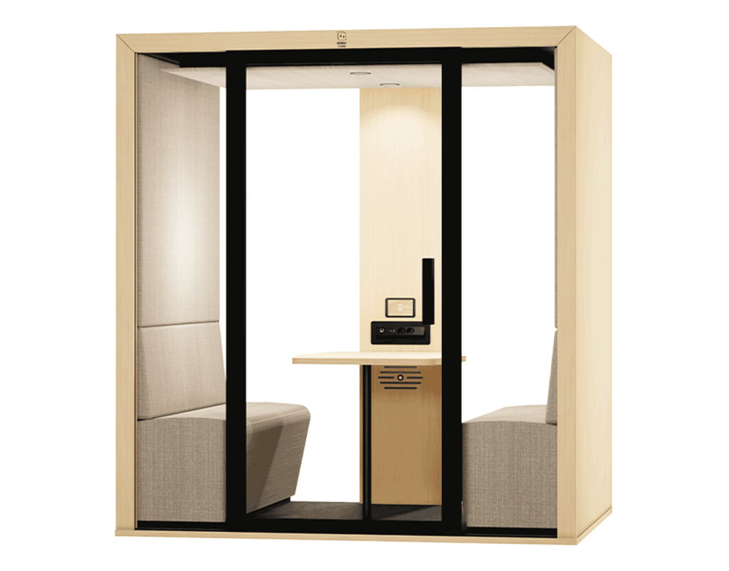 Cabine acoustique 4 personnes Quattro avec banquettes et table pour réunions en open space