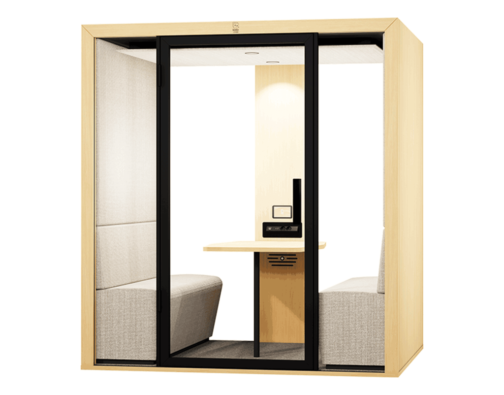 Cabine acoustique 6 personnes Sixo avec table et assises pour réunions en open space