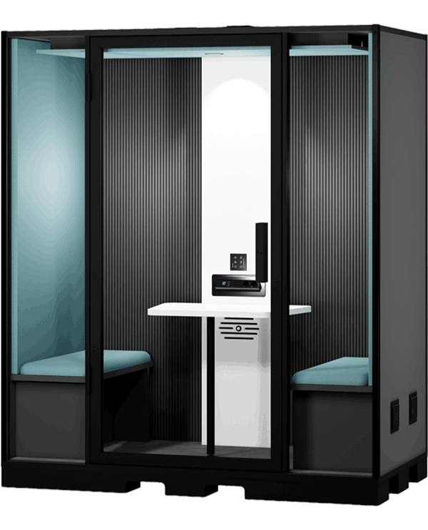 Cabine acoustique Duo Indus pour deux personnes en atelier industriel permettant des échanges au calme