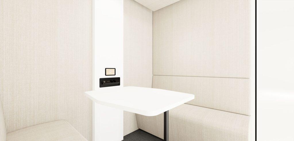 Finition intérieure blanche dans cabine acoustique lumineuse et épurée