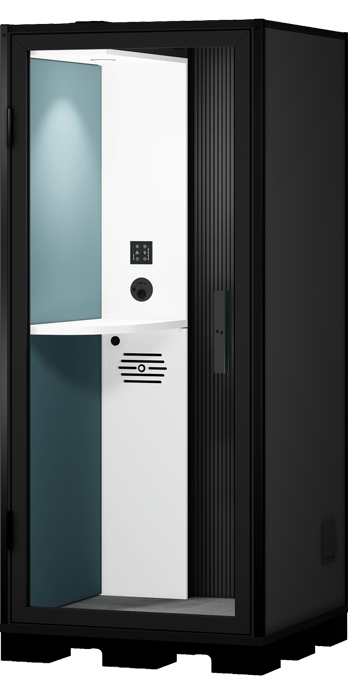 Cabine acoustique Solo Indus pour environnement industriel avec tablette et connectique intégrée