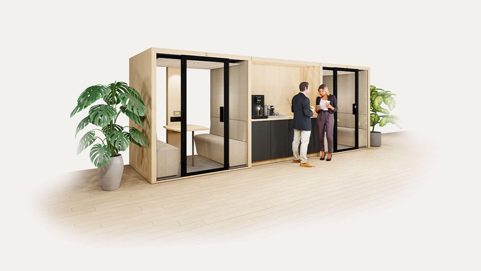 Pergola Blabla-Cube P01 intégrant cabines acoustiques et espace café collaboratif en open space