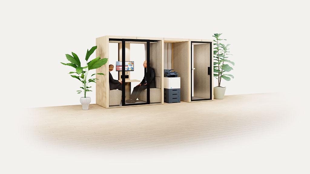 Pergola Blabla-Cube P02 intégrant cabine de réunion et espace technique en open space