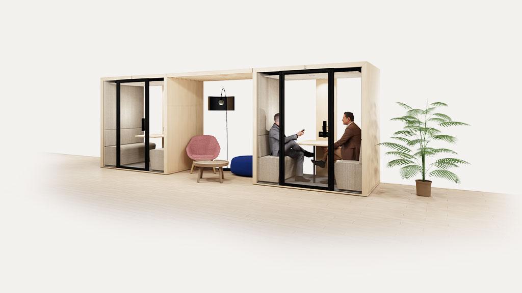 aménagement bureau mixte avec cabine acoustique et espace détente