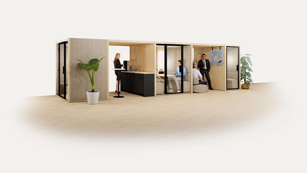 aménagement complet bureau avec cabines acoustiques et espace collaboratif