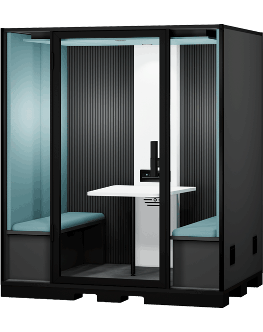 Blabla-Cube Quattro Indus acoustic booth for four people designed for meetings and collaboration in industrial environments