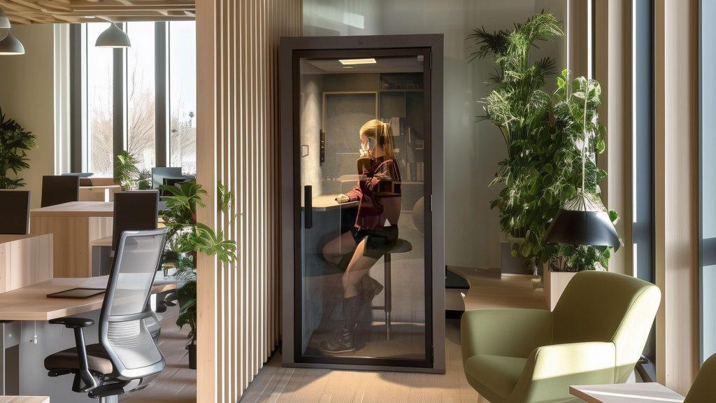 Blabla-Cube Solo acoustic booth integrated in an open office space for private calls and focused work