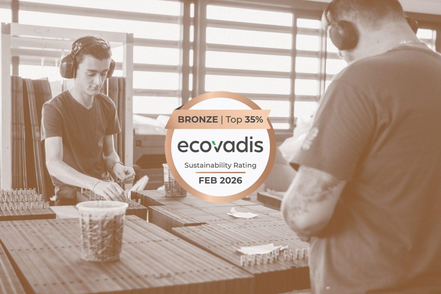 EcoVadis Bronze sustainability rating badge displayed over industrial production environment – Blabla-Cube
