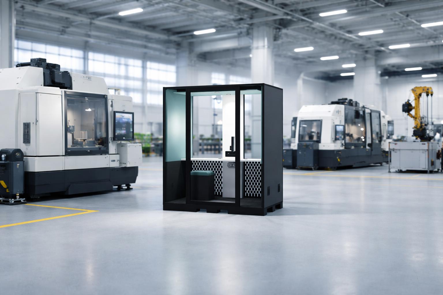 Cabine acoustique Chef d’atelier Indus installée dans un atelier industriel pour isoler du bruit et piloter la production